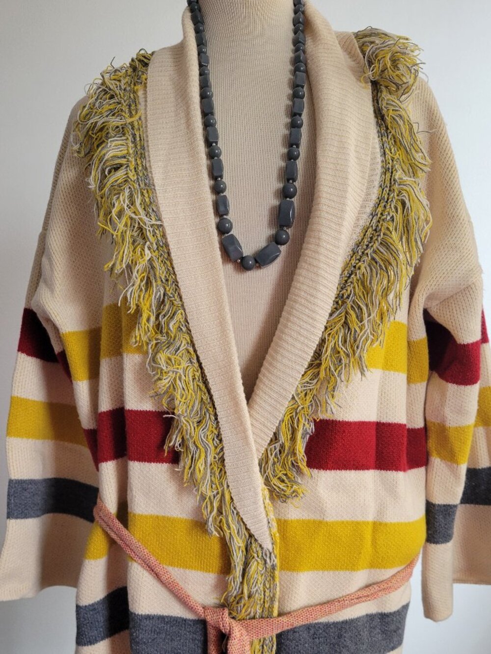 SHEIN Fringe Cardigan Medium Cream Striped Shawl Collar Boho Cozy Sweater